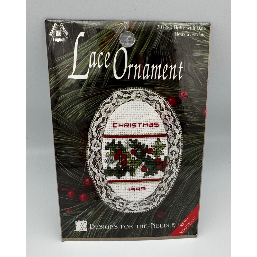 Vtg 1999 Designs for the Needle Holly with Date Lace Ornament Cross Stitch Kit
